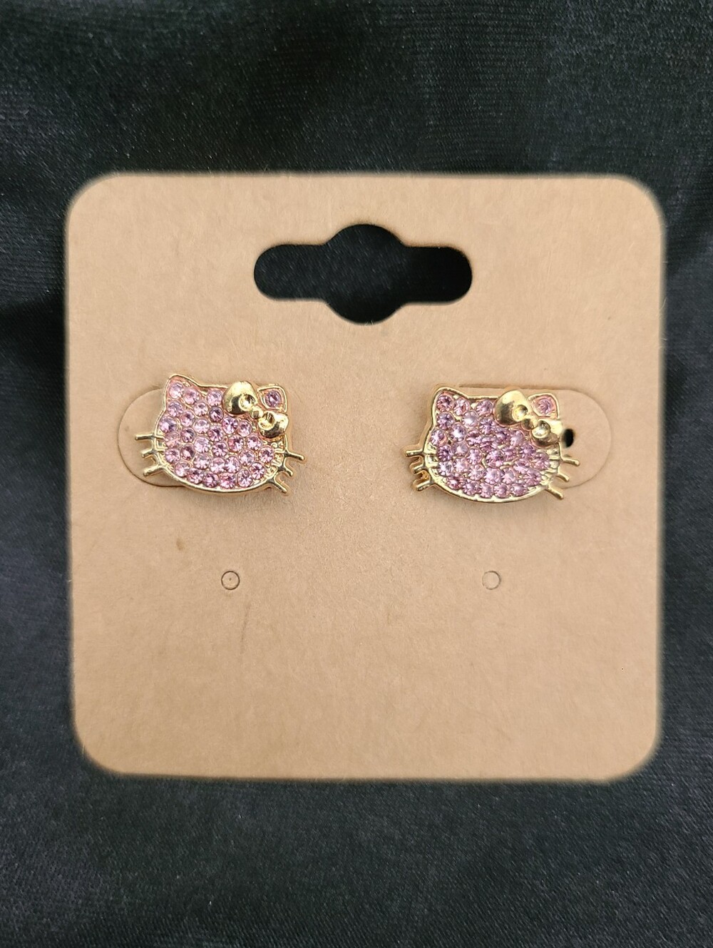 Pink Crystal Cat Stud Earrings - Gold Tone, Hello Kitty Earrings